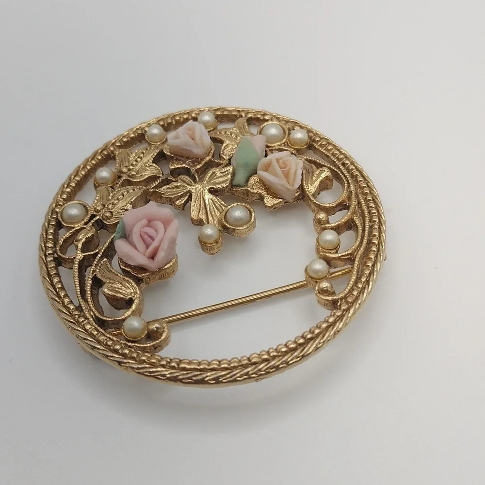 Gold Tone Pink Roses Floral Brooch  Faux Pearls Classic Feminine Porcelain